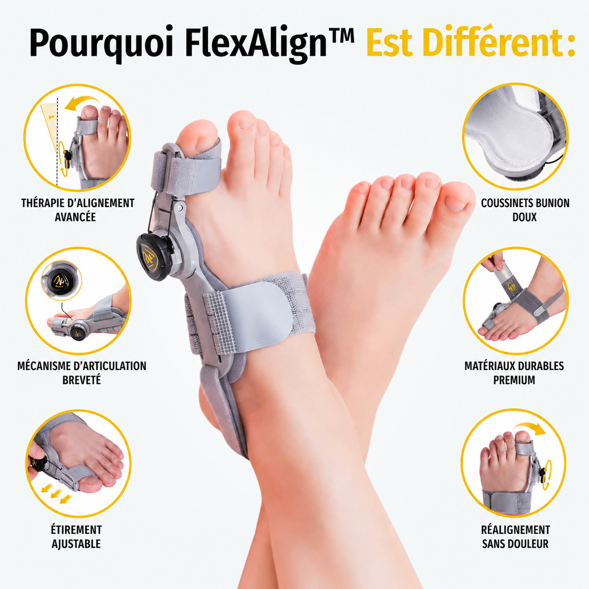 Comparaison avant/après FlexAlign : gros orteil dévié avec oignon douloureux à gauche, orteil réaligné et apaisé à droite